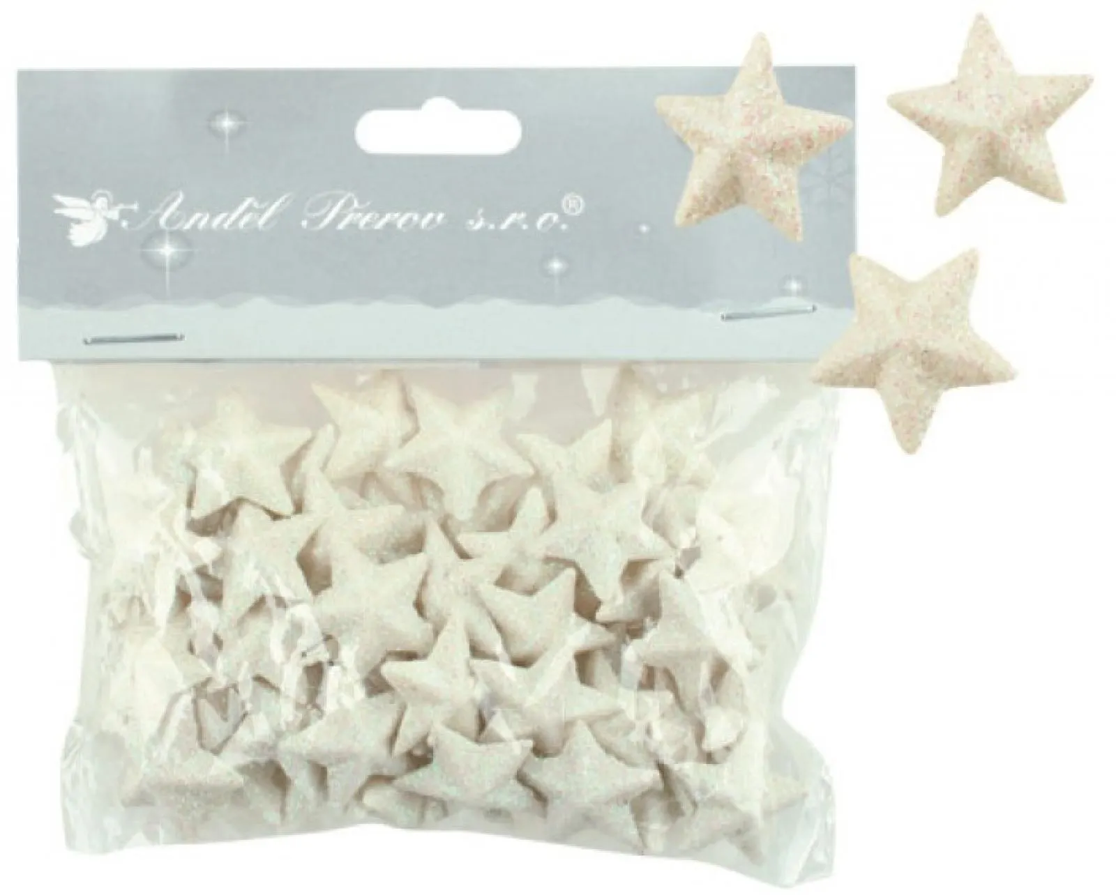 Hvězdičky s bílým glitrem 2 cm 50 ks