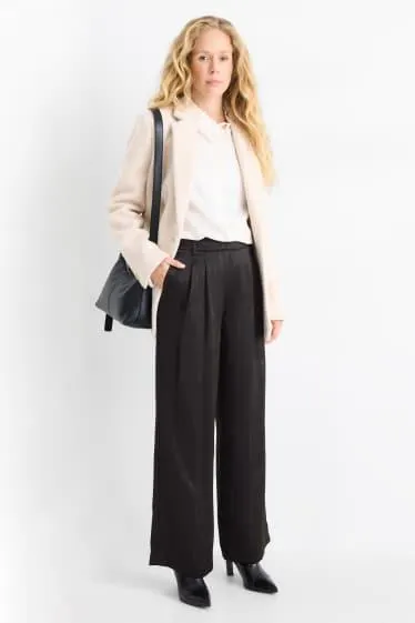 Saténové kalhoty - mid waist - wide leg - s úzkými proužky