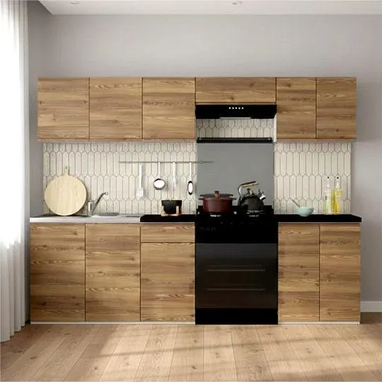 Kuchyň JUNONA 240 cm, bez pracovní desky, bílá/modřín sibiu zlatý