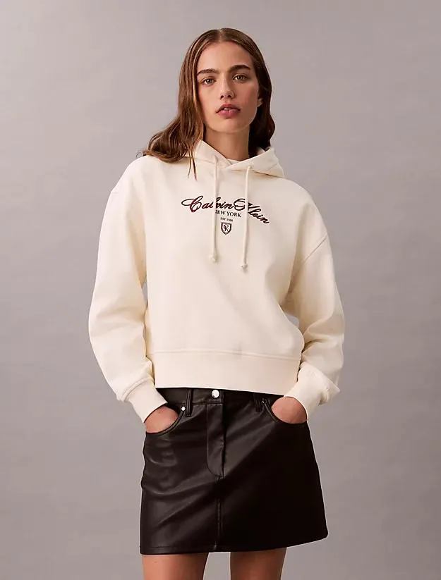 Fleece Script Logo Graphic Cropped Hoodie