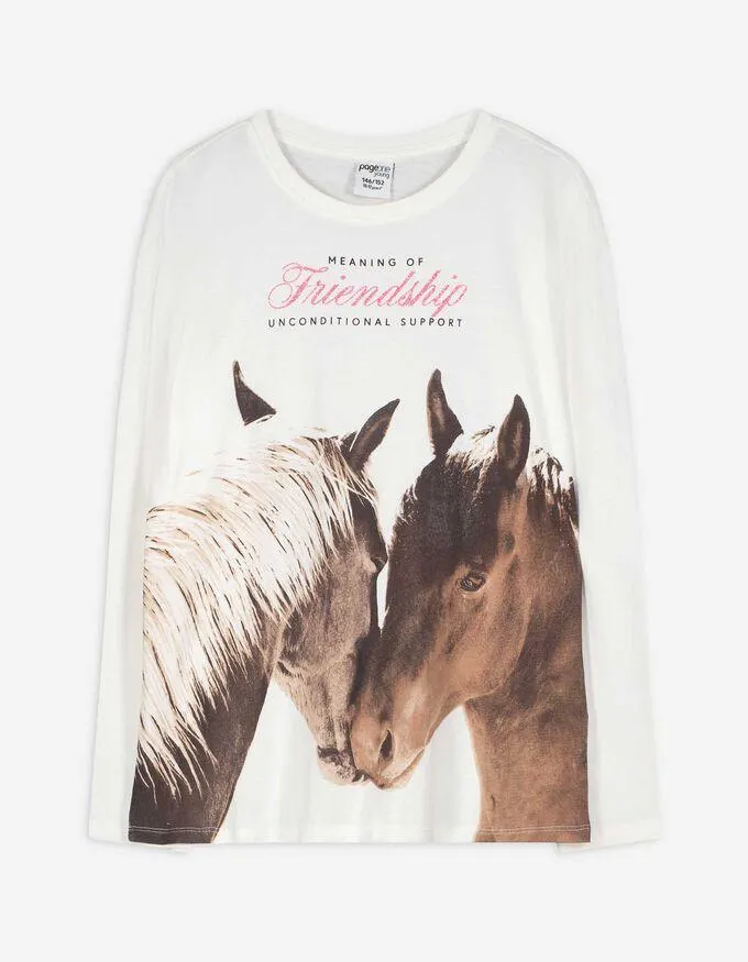 Tričko s dlouhým rukávem - Třpytivý potisk - bílá