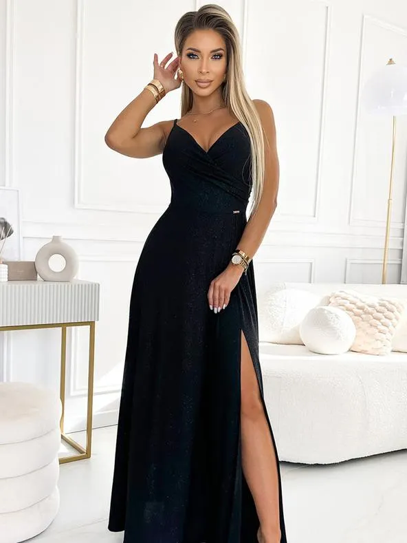 Elegantní maxi šaty na ramínka - černá se třpytkami Numoco CHIARA