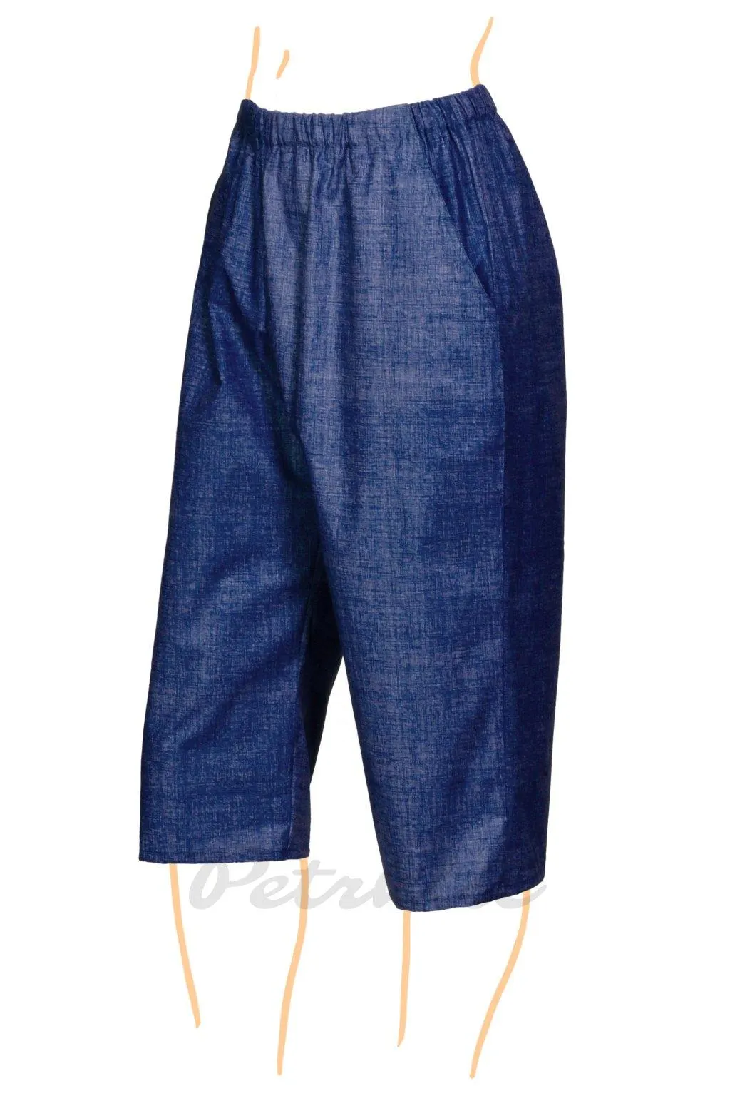 Capri plátěné tm. modrá - délka 55 cm nebo 77 cm s regulací gumy v pase