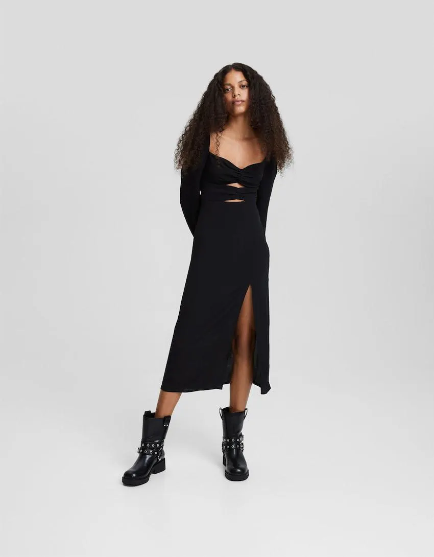 Midi šaty s dlouhými rukávy a perforací