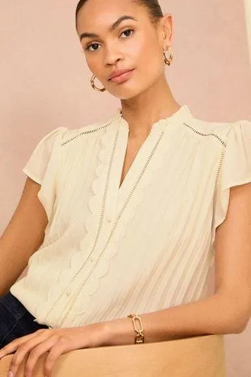 Love & Roses Scallop Detail Flutter Sleeve Pleated Top