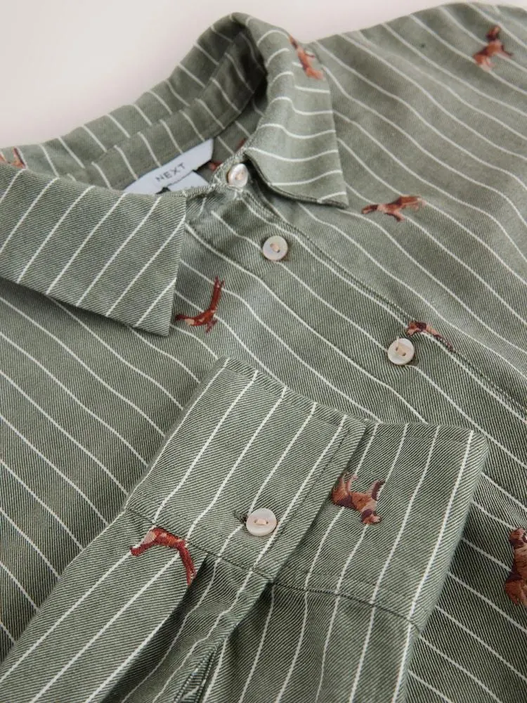 Zeleno-bílé pruhy - Konverzační vyšívaná košile s dlouhým rukávem