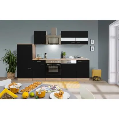 Respekta Kuchyně Merle černá/dub 280 cm-skl.deska/šikmá digestoř/myčka/lednice