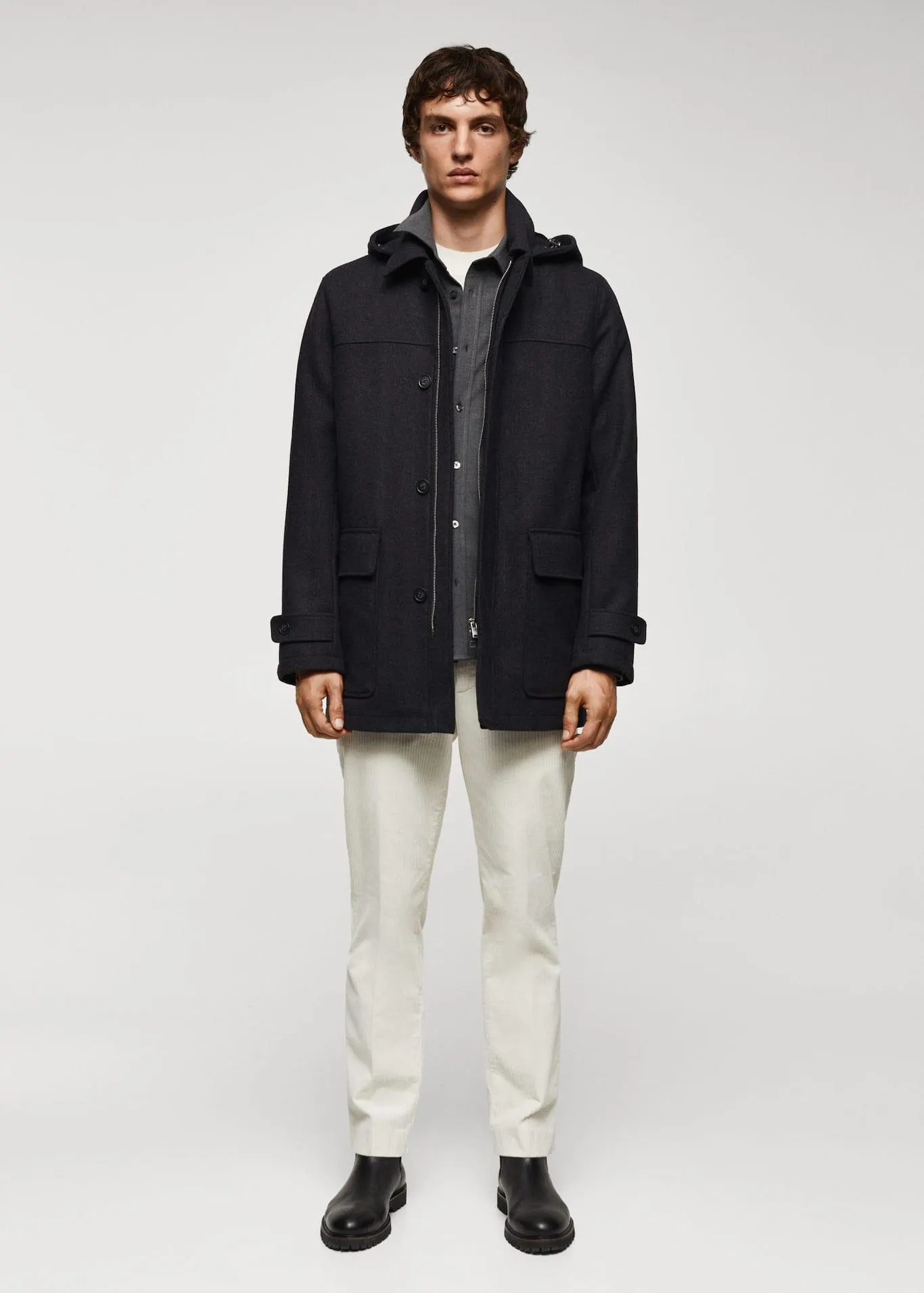 Sobretudo de lã com capuz removível