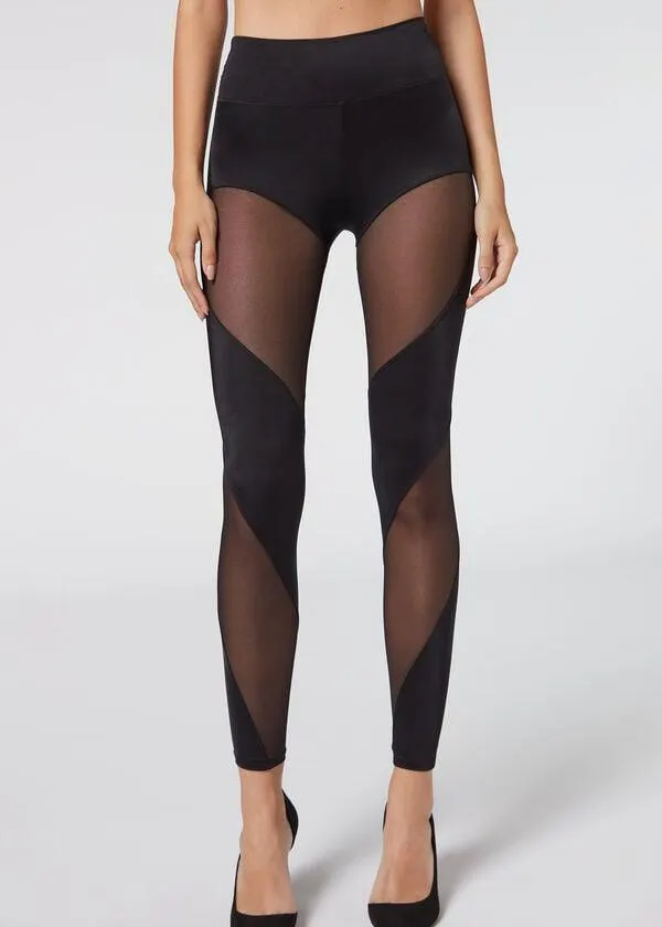 Vysoce lesklé legíny s tylovými vsadkami