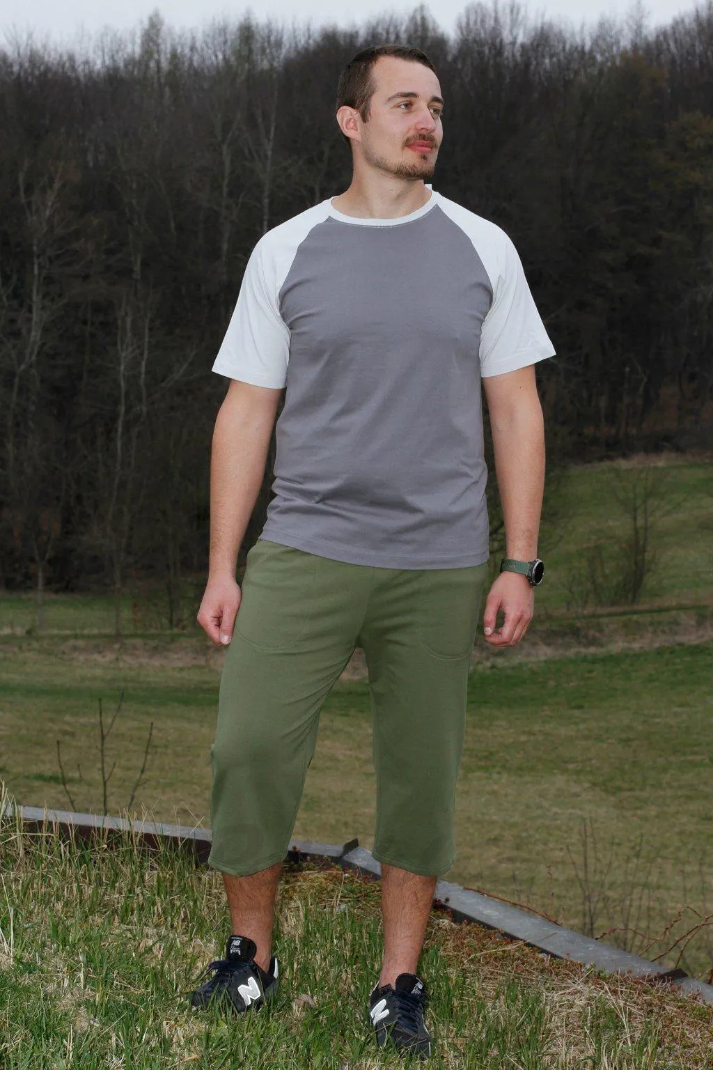 Capri z počesané teplákoviny zelená khaki - délka 55 cm nebo 77 cm