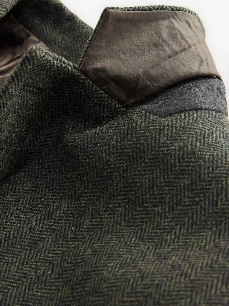 Khaki zelená - Klasicky padnoucí - Blejzr se vzorem rybí kosti a vysokým podílem vlny