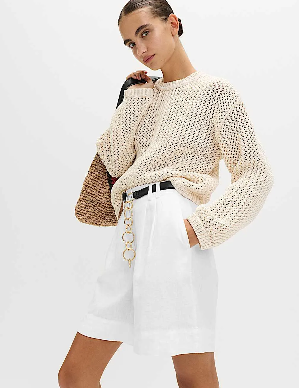 Šortky s vysokým pasem, z čistého lnu