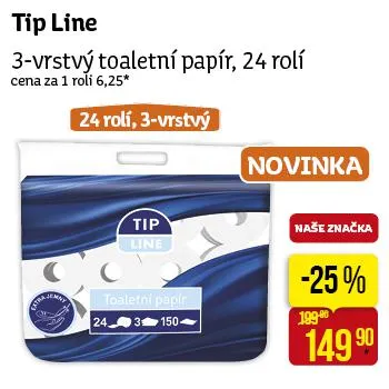 Tip Line Jemný toaletní papír 3-vrstvý 24 ks
