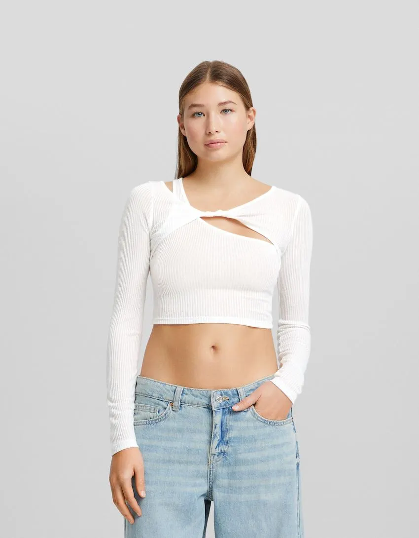 Žebrované tričko s detailem uzlu, perforací a dlouhými rukávy