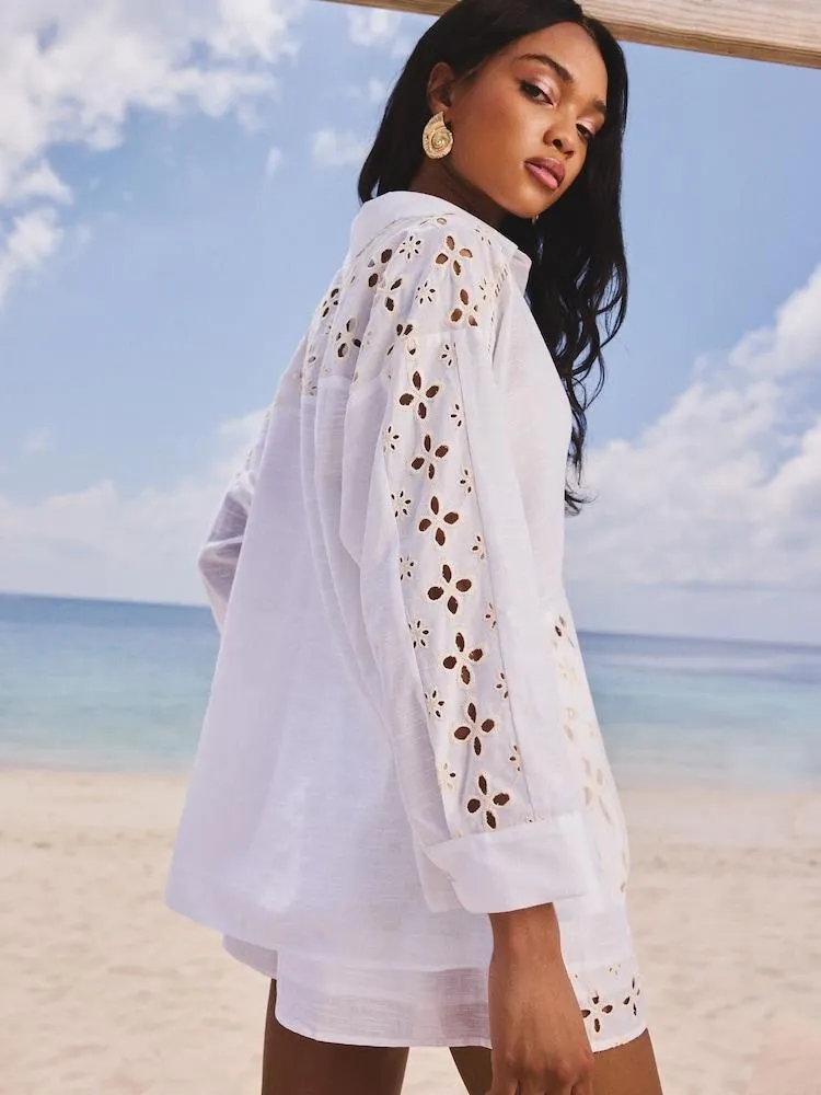 Bílá - Plážová košile Lipsy volného střihu s Broderie ze 100% bavlny
