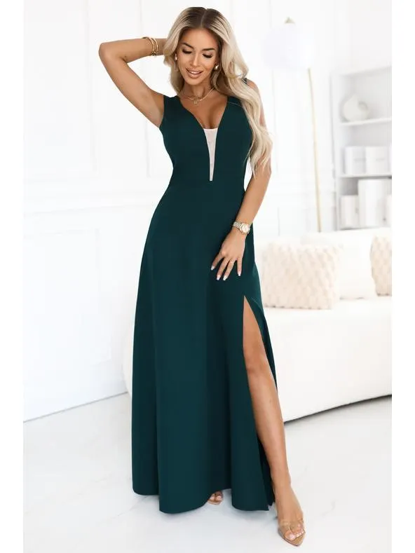 Módní, postavě lichotivé maxi šaty s rozparkem na nohavici - lahvově zelené