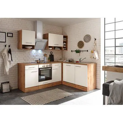 Respekta Kuchyně Hilde L bílá/dub 220 cm-trouba+sklokeramická d./digestoř/myčka