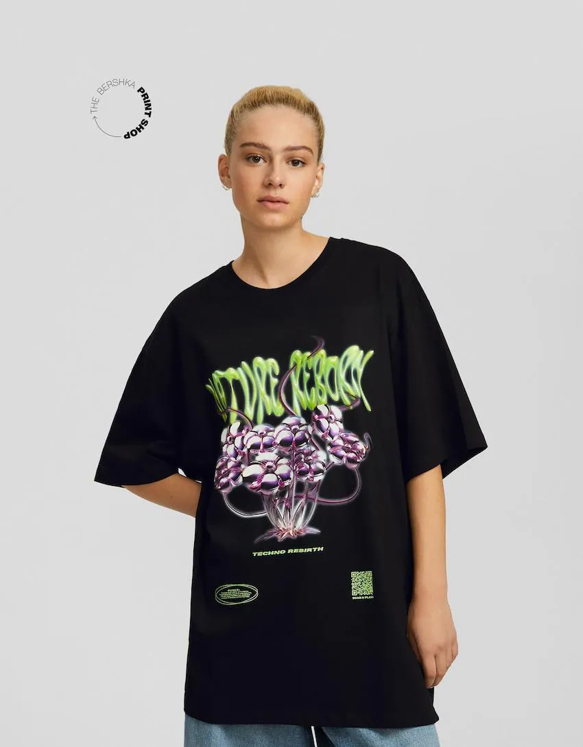 Tričko Bershka Wearable Art boxy fit s potiskem