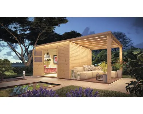 Dřevěný zahradní domek Konsta Baltrum 2 přírodní 566 x 289 cm vč. bočního přístřešku