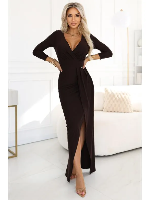 Elegantní dlouhé šaty s zavinovacím výstřihem a rozparkem - čokoládově hnědé