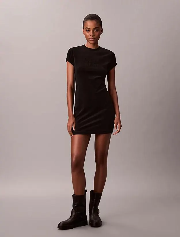 Velour Embossed Logo Graphic Mini Dress