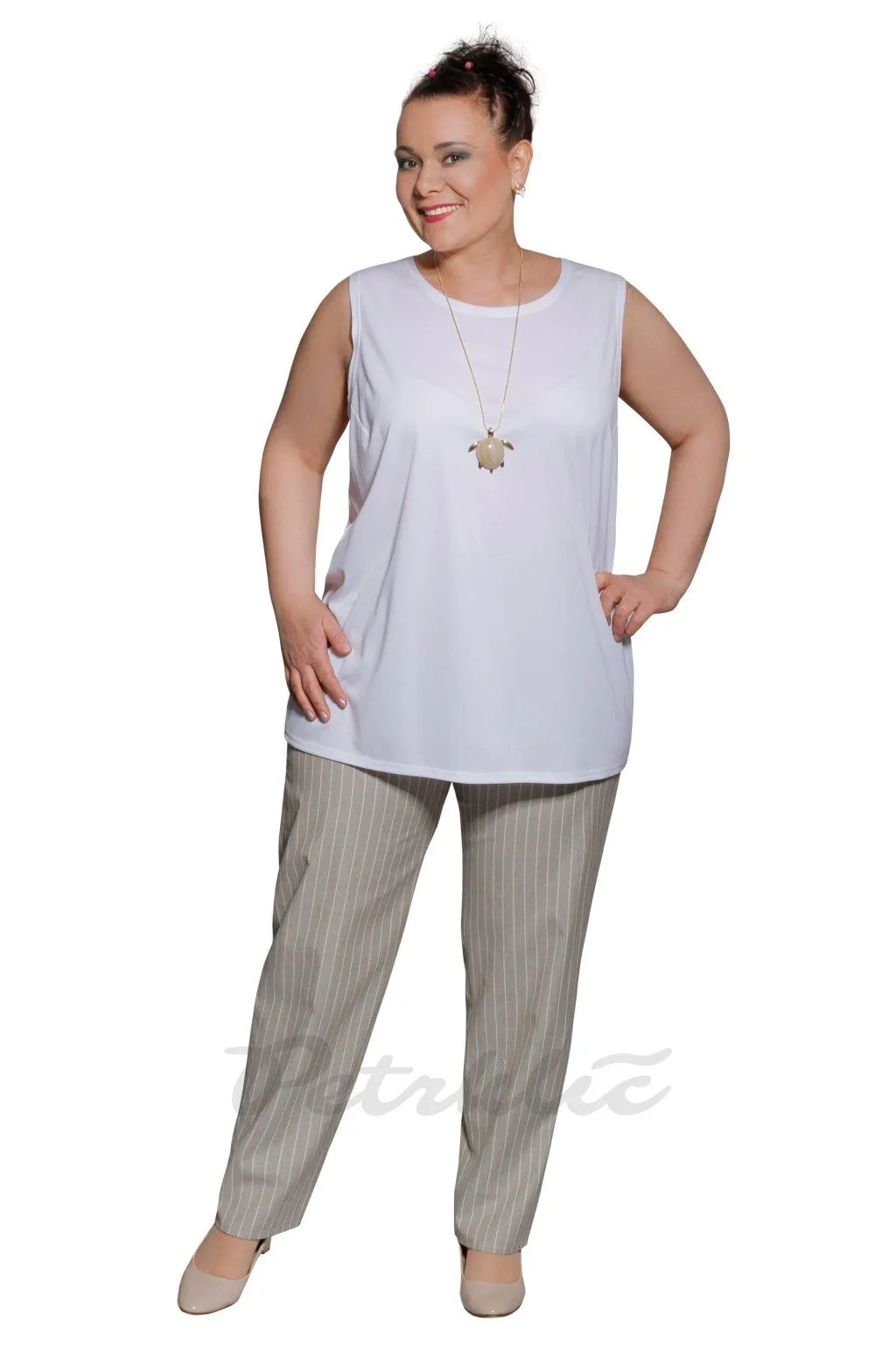 Letní látkové kalhoty pas do gumy, boční zip, knoflík - JOHANA