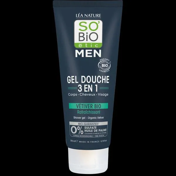 SO’BiO étic Gel sprchový MEN 3v1 - osvěžující vetiver BIO (200 ml)