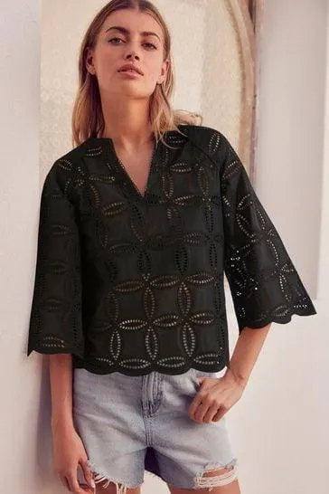 3/4 Sleeve Floral Broderie Notch Neck Top