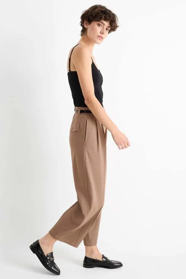 Plátěné kalhoty s páskem - high waist - wide leg