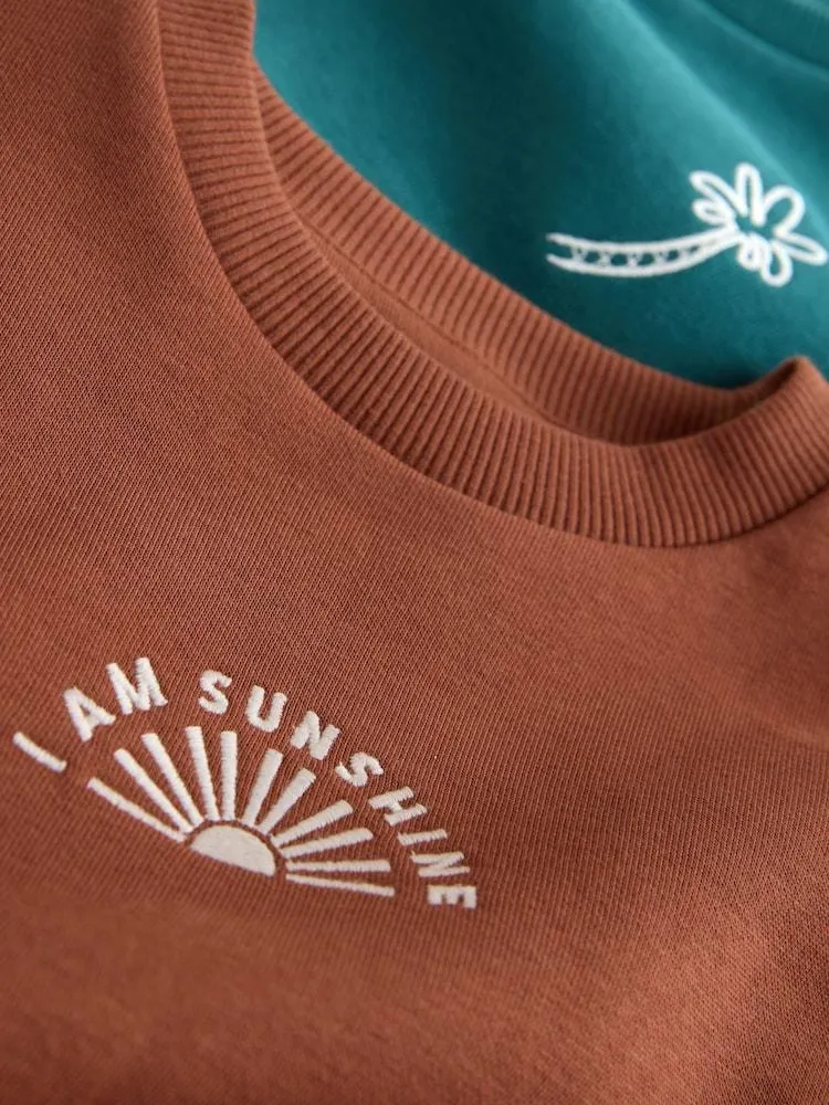 Rezavě hnědá a modrozelená - Sada 2 mikin s kulatým výstřihem u krku a kraťasů (3měsíců–7let)