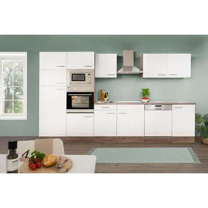 Respekta Kuchyně Oliver bílá - hedvábně lesklá/dub 340 cm - Bez el. přístrojů