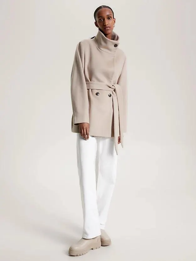 Double-Breasted Funnel Neck Belted Wool Jacket