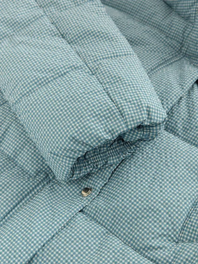 Modré kostkované - Voděodolné prošívané dlouhé kabáty s kapucí