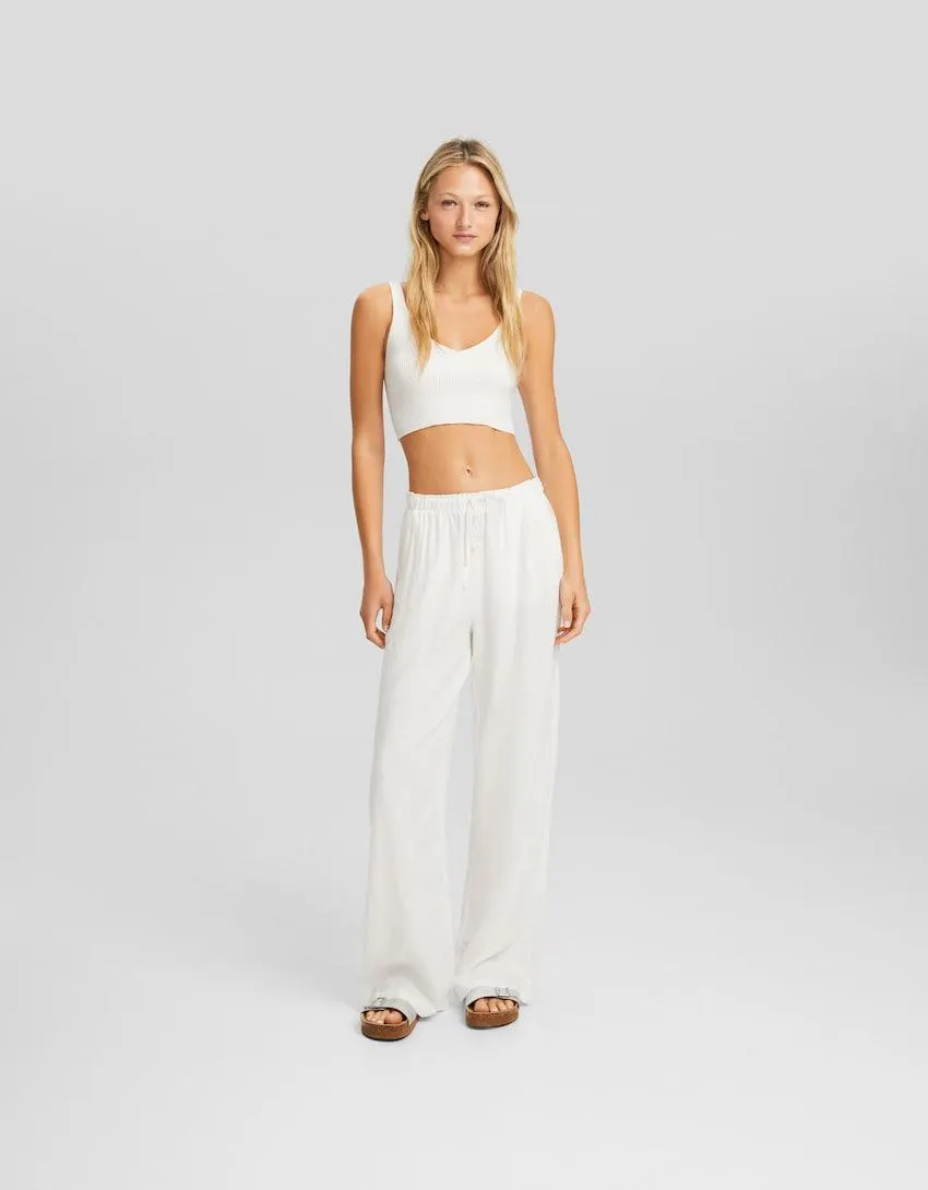 Kalhoty ze směsi lnu, s širokými nohavicemi a nabíráním v pase