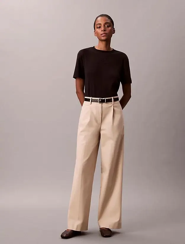Stretch Chino Pleated Wide Leg Trousers