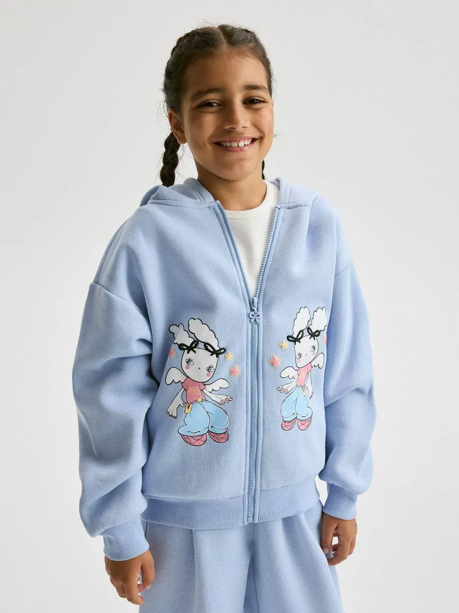 Mikina se zapínáním s kapucí a s potiskem