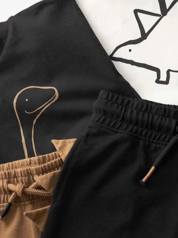 Černo-světle hnědá s dinosaurem - Sada 2 ks krátkých rukávů Tričko & Shorts Set (3měsíců -7let) (3měsíců -7let)