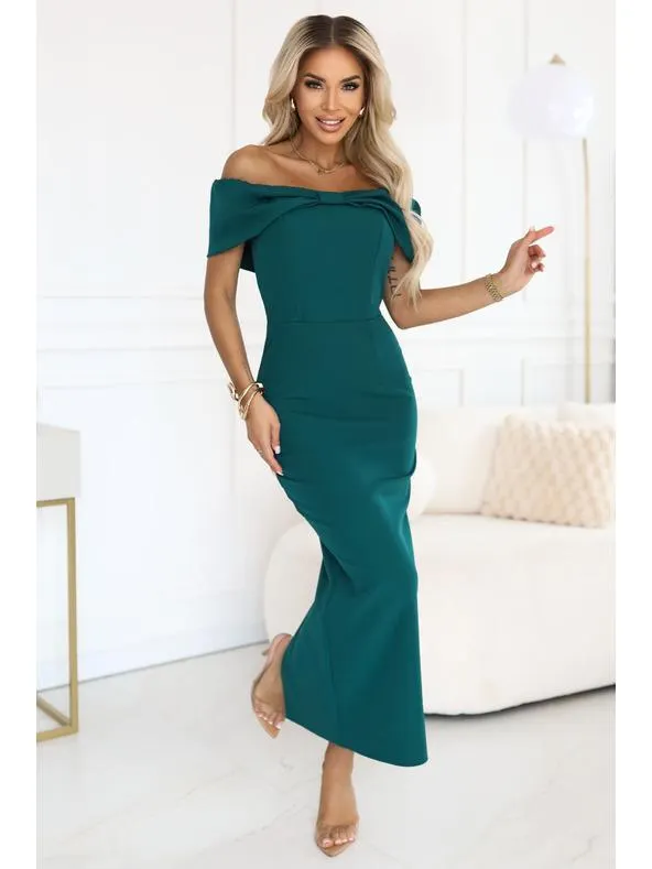 Smyslné midi šaty s mašlí u výstřihu - lahvově zelené
