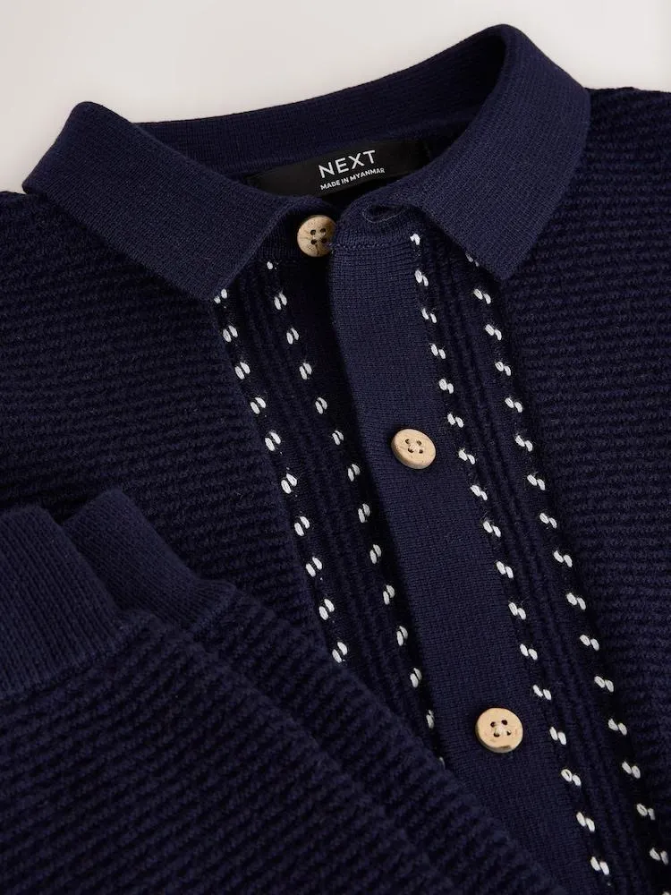 Tmavě modré - Texturovaná úpletová souprava propínací polokošile a kraťasů (3-16let)