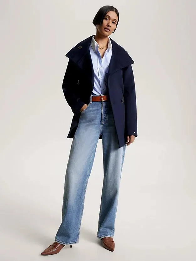 Double-Breasted Funnel Neck Belted Wool Jacket