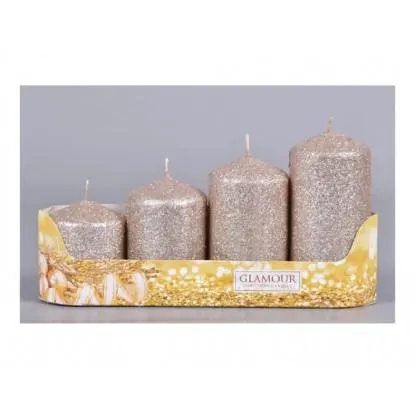 Svíčky adventní STUPŇOVITÉ glitrované šampaňská, pr. 5 x 6/7,5/9/10,5 cm, 4 ks