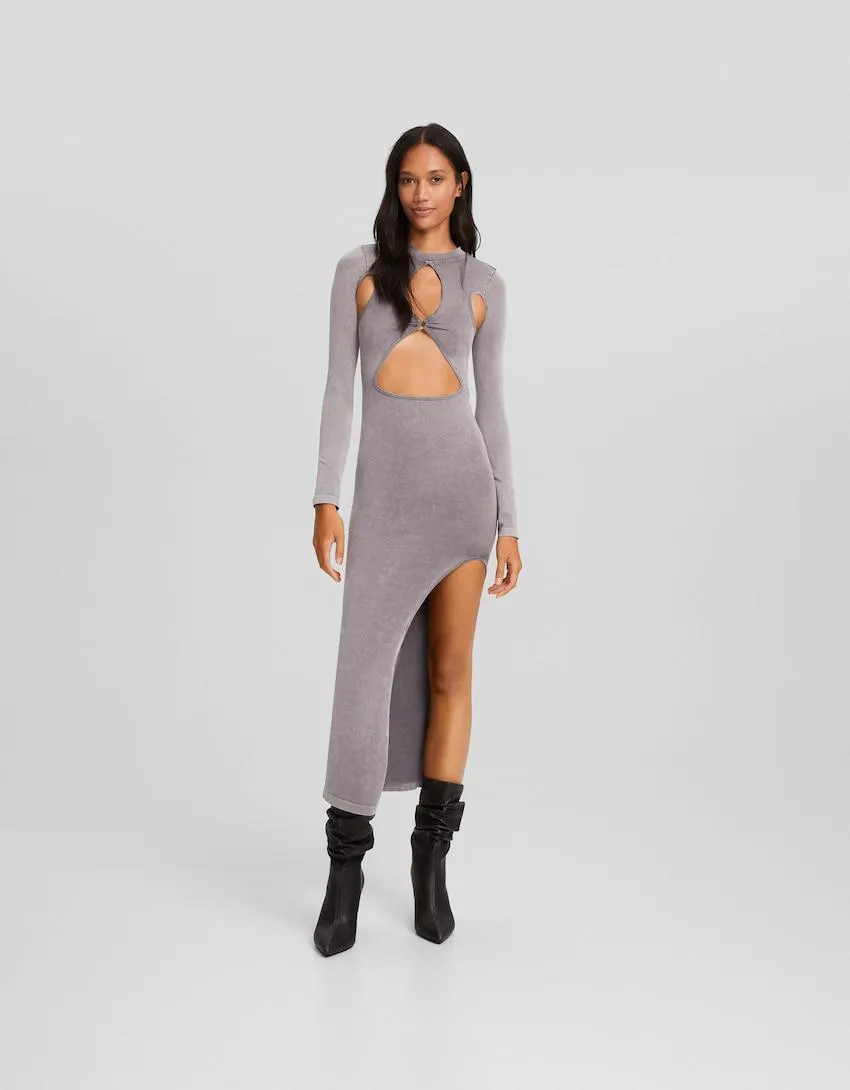 Oprané midi seamless šaty s dlouhými rukávy a průstřihy