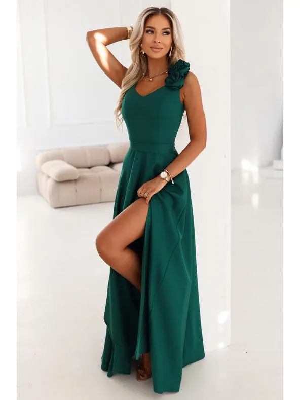 Elegantní večerní maxi šaty s rozparkem a růžemi - lahvově zelené