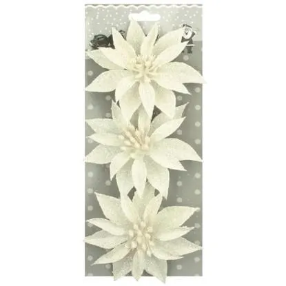 Růže vánoční glitrová bílá 3 ks