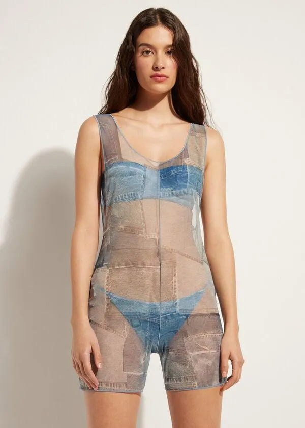 Krátká džínová patchworková kombinéza