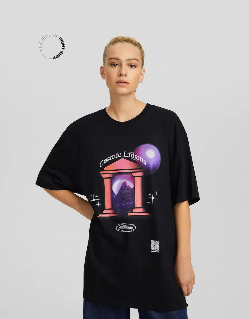 Tričko Bershka Wearable Art boxy fit s potiskem