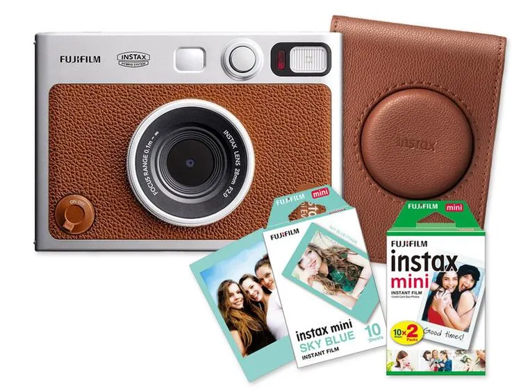 Fujifilm instax mini Evo™, hnědý + Colorfilm (20ks) & Sky Blue film (10ks) + pouzdro