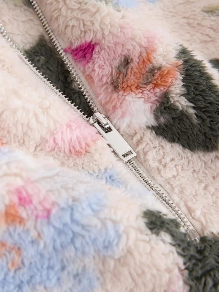 Krémová, s květy - Flísová mikina s beránkem a zipem u krku