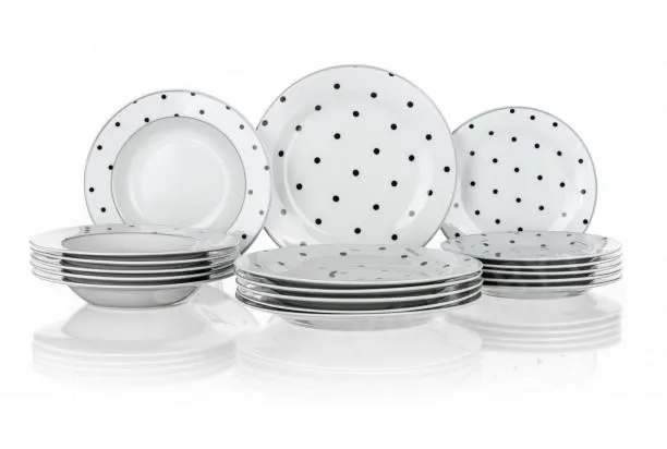 Sada talířů (18 dílů) Vanesa, bílá/černé puntíky