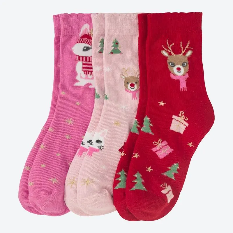 Kinder-Mädchen-Socken mit Weihnachts-Motiven, 3er-Pack